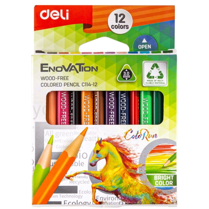 Карандаши цветные 12 цветов 3-гран Deli Enovation mini, пластик, EC114-12