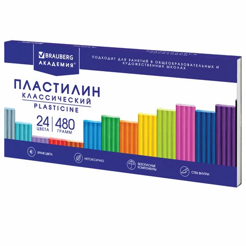 Пластилин классический BRAUBERG "АКАДЕМИЯ Супер ХИТ", 24 цвета, 480 г,