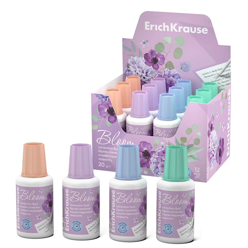 Корректирующая жидкость с кисточкой ErichKrause Pastel Bloom, 20г, ассорти (в