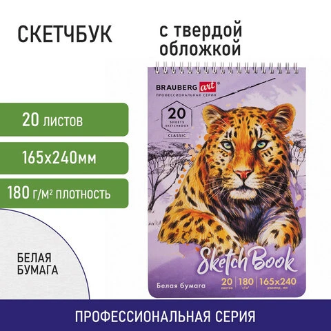 Скетчбук, белая бумага 180 г/м2, 165х240 мм, 20 л., гребень, твердая обложка,