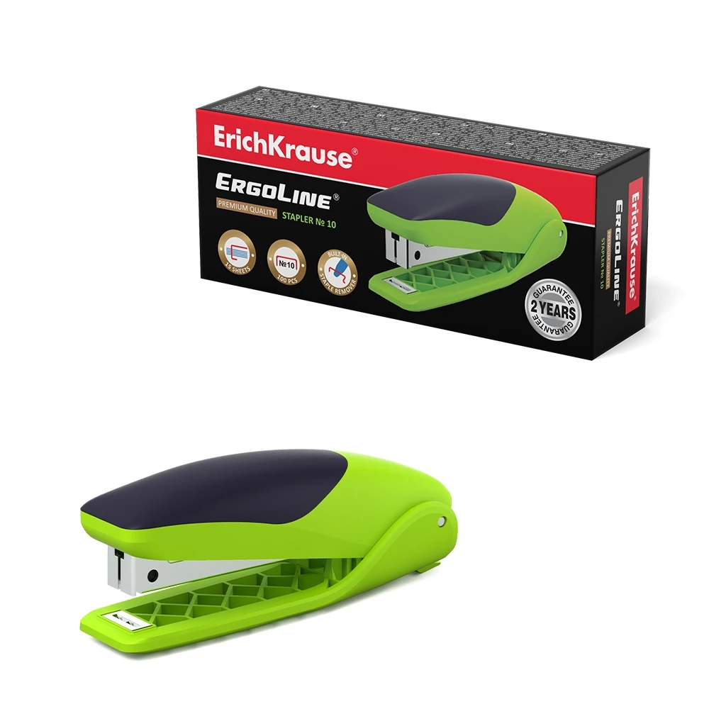 Cтеплер №10 Erich Krause ErgoLine до 15 листов, ярко-салатовый (в коробке по 1