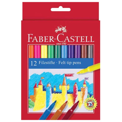 Фломастеры FABER-CASTELL, 12 цветов, смываемые, картонная упаковка, европодвес,