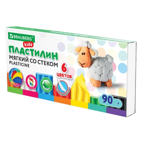 Пластилин мягкий восковой BRAUBERG "KIDS", 6 цветов, 90 г, со стеком,