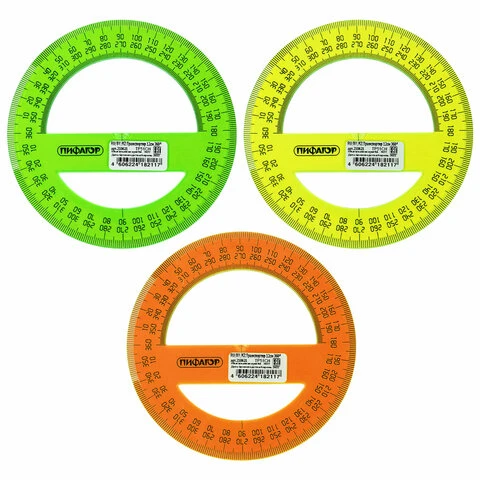 Транспортир 12 см, 360 градусов, ПИФАГОР, прозрачный, неоновый, ассорти, 210621