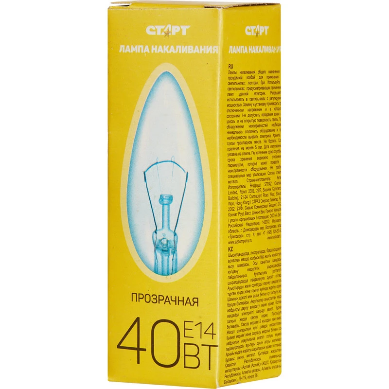 Лампа накаливания Старт 40 -Вт цоколь -E14 свеча прозрачная