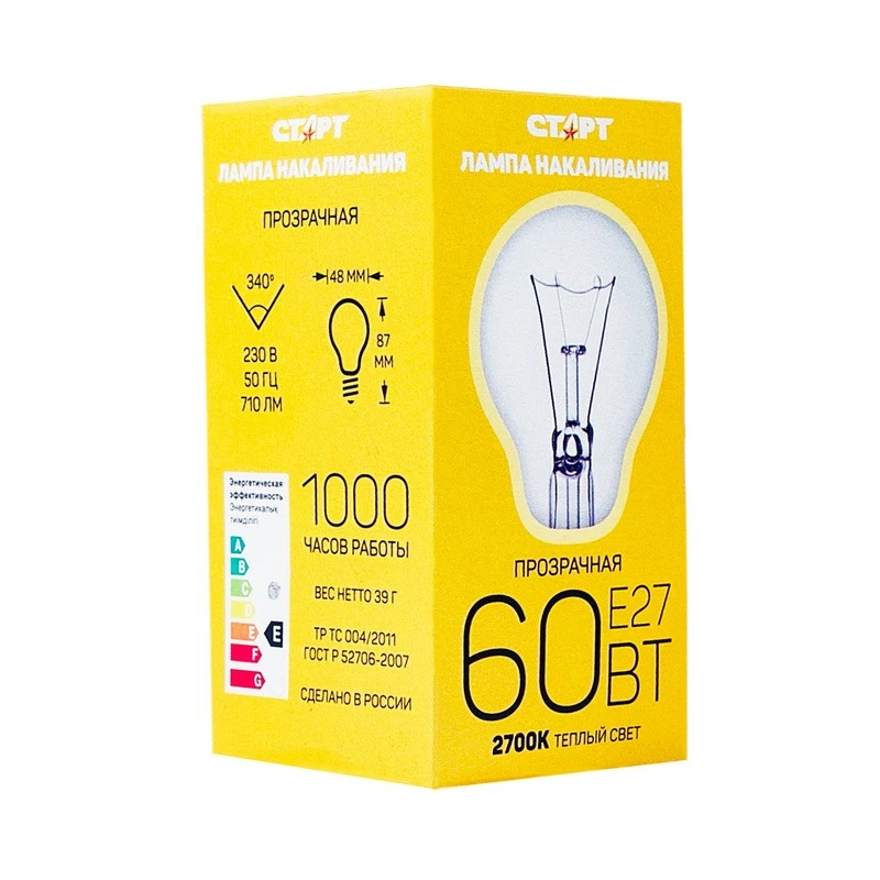 Электрическая лампа СТАРТ стандартная/прозрачная 60W E27 штр.  4605645003865,