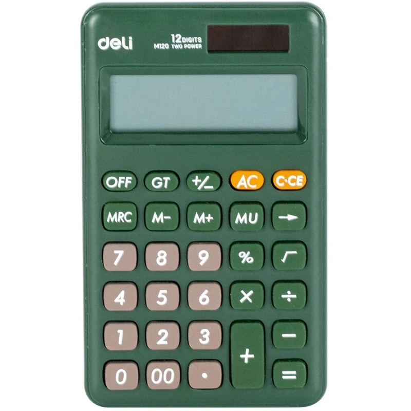 Калькулятор настольный КОМПАКТНЫЙ Deli EM120,12р, дв. питание, 118x70мм,зеленый