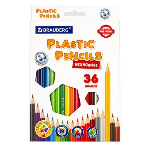 Карандаши цветные пластиковые BRAUBERG PREMIUM, 36 цветов, шестигранные, грифель
