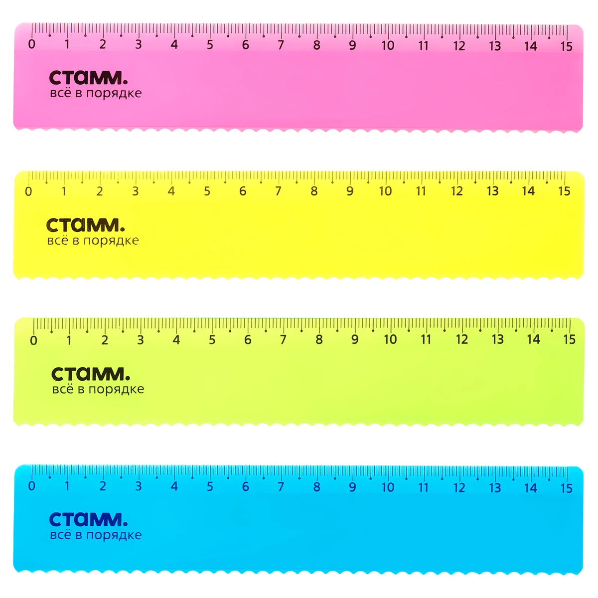 Линейка 15см СТАММ, пластиковая, с волнистым краем, прозрачная, неоновые цвета,