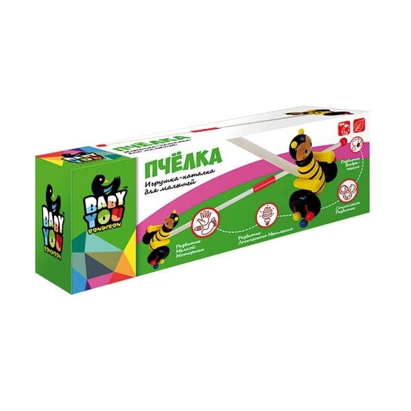 Игрушка деревянная, каталка с ручкой Пчелка, Bondibon, BOX 10х5х11,7 см.