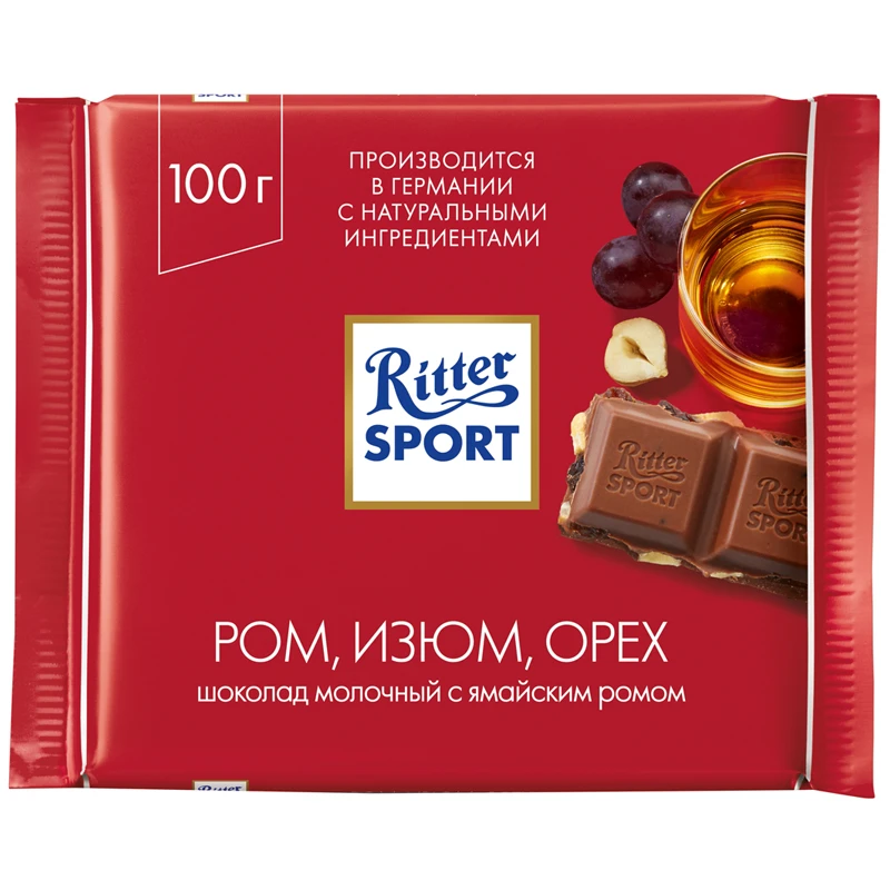 Шоколад Ritter Sport "Ром, изюм, орех", молочный, 100г.