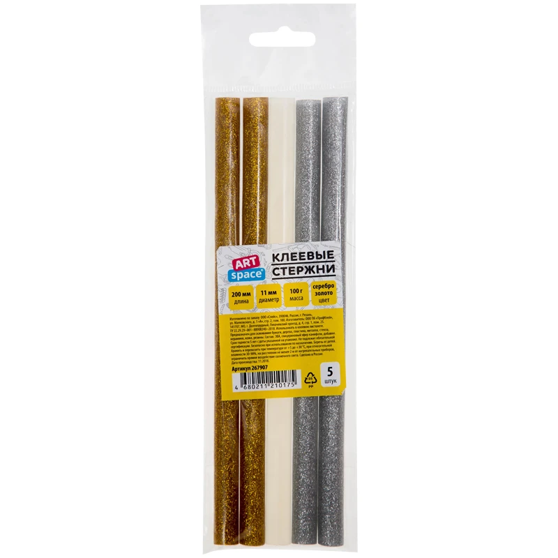 Клеевые стержни ArtSpace, диаметр 11мм, длина 200мм, золото/серебро/прозр.,