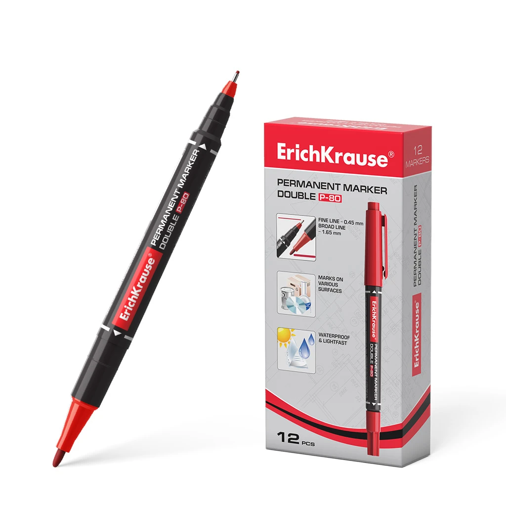 Двухсторонний перманентный маркер ErichKrause® Double P-80, цвет чернил красный