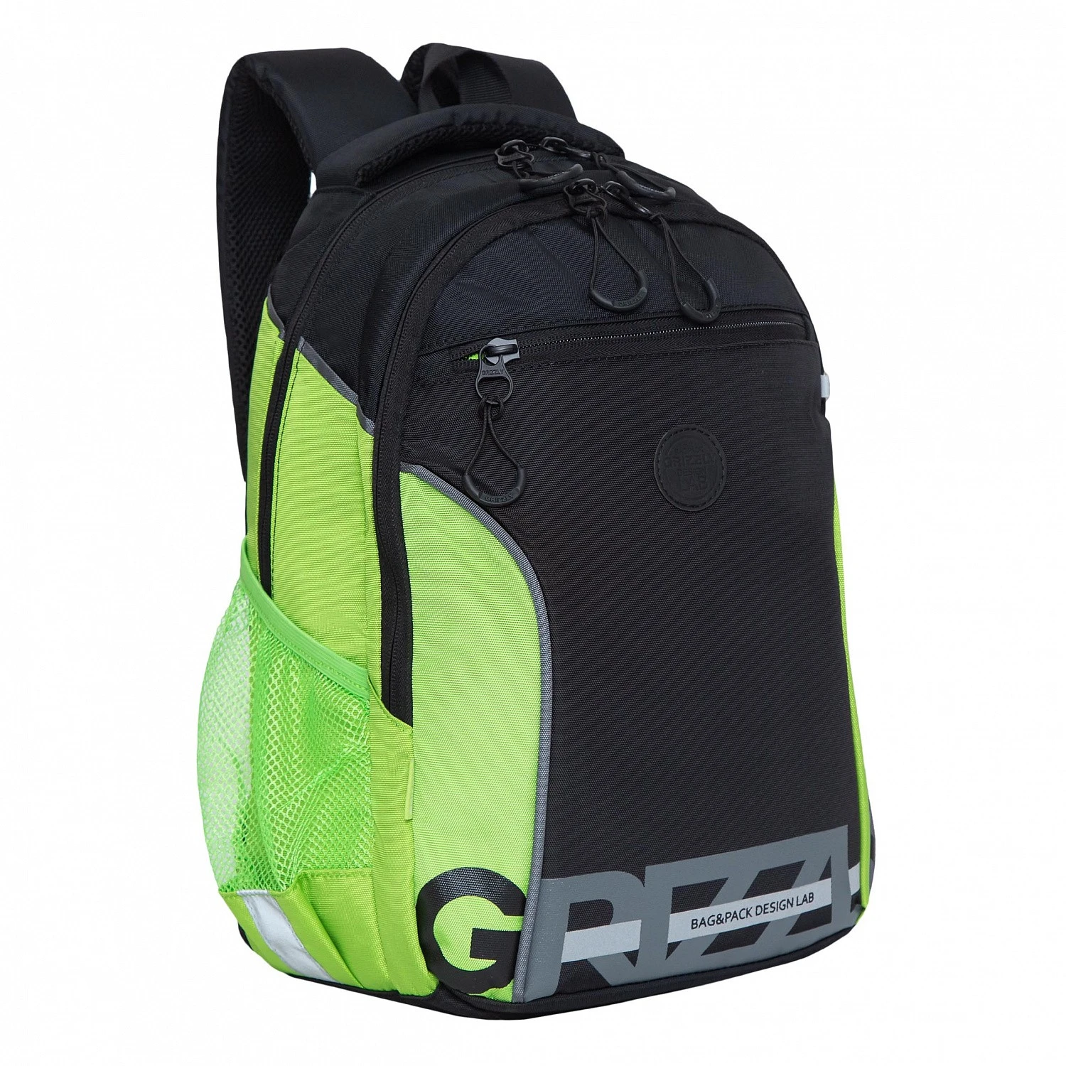 Рюкзак школьный GRIZZLY, цвет черный - салатовый - серый, RB-259-1m