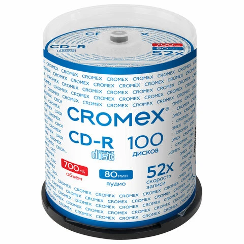 Диски CD-R CROMEX, 700 Mb, 52x, Cake Box (упаковка на шпиле), КОМПЛЕКТ 100 шт.,