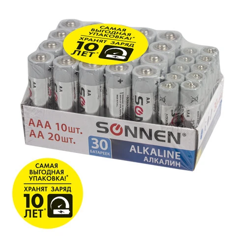 Батарейки КОМПЛЕКТ 30 (20+10) шт., SONNEN Alkaline, AA+ААА (LR6+LR03), в