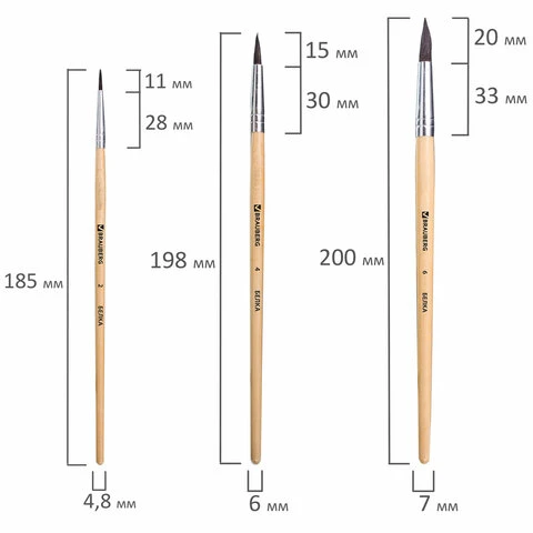 Кисти BRAUBERG, набор 3 шт. (беличья круглая № 2, 4, 6), блистер, 200216