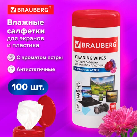 Чистящие салфетки BRAUBERG для экранов и пластика, с ароматом "АСТРА",