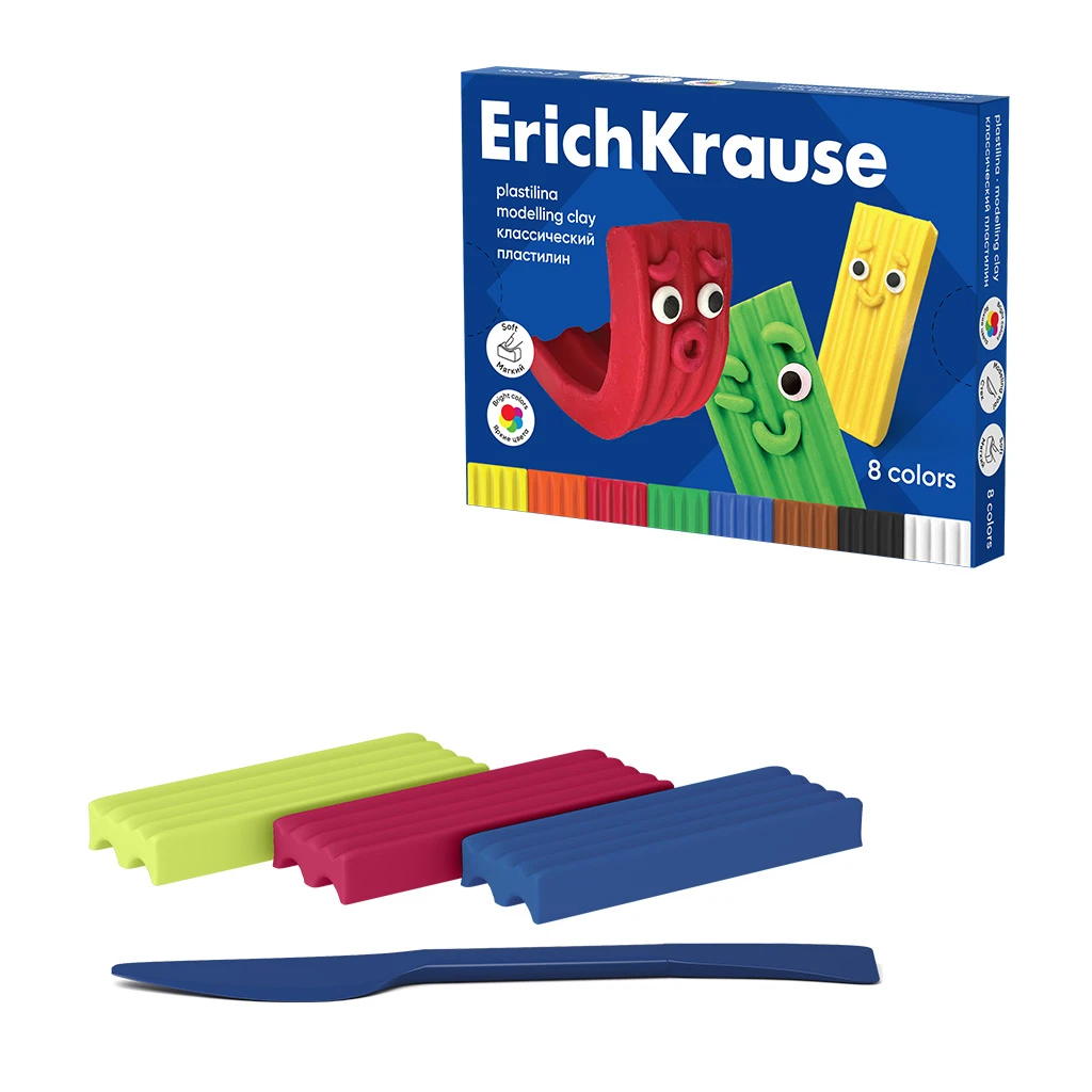 Пластилин классический Erich Krause Color Friends 8 цветов со стеком, 120 г. (в