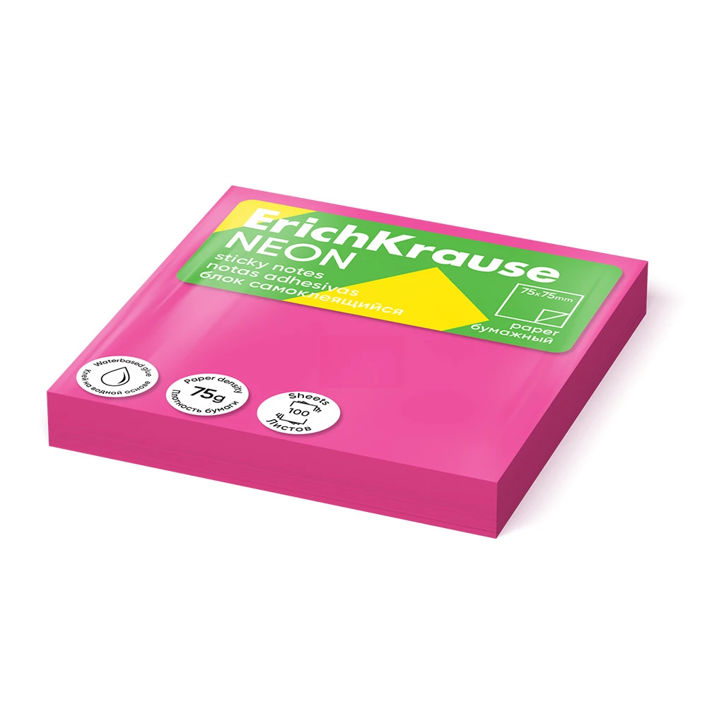 Блок самоклеящийся бумажный Erich Krause Neon, 75х75 мм, 100 листов, розовый