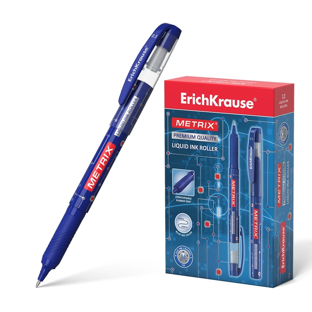 Ручка-роллер ErichKrause® Metrix®, цвет чернил синий (в коробке по 12 штук)