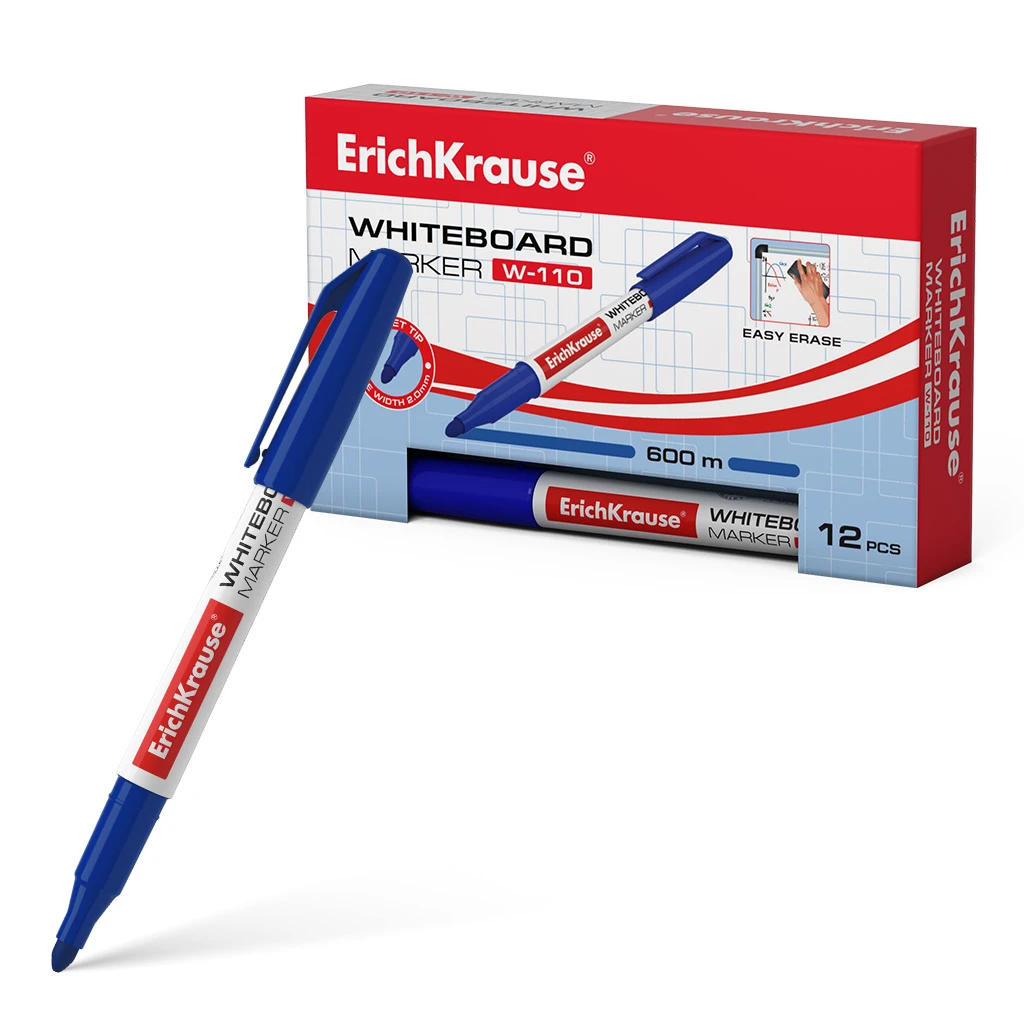 Маркер для досок ErichKrause® W-110, цвет чернил синий (в коробке по 12 штук)