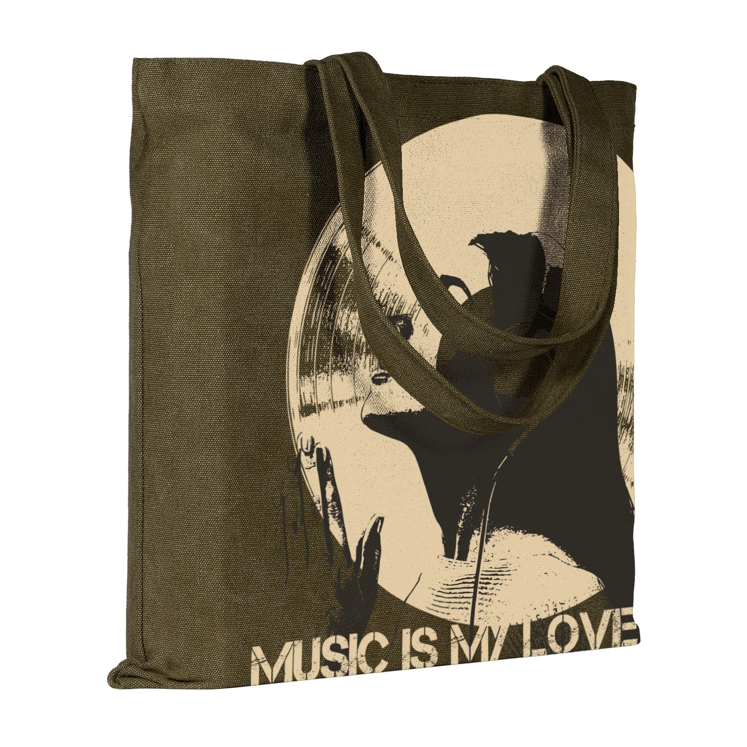 СУМКА-ШОППЕР КВАДРАТНАЯ, ЦВЕТ ХАКИ "МУЗЫКА - МОЯ ЛЮБОВЬ" 39x39 cm