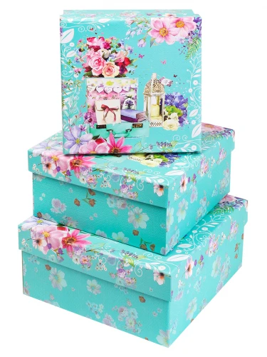 Набор коробок 3 в 1 с глиттером Цветы, голубой (15,5*15,5*7,5-20*20*9 см)