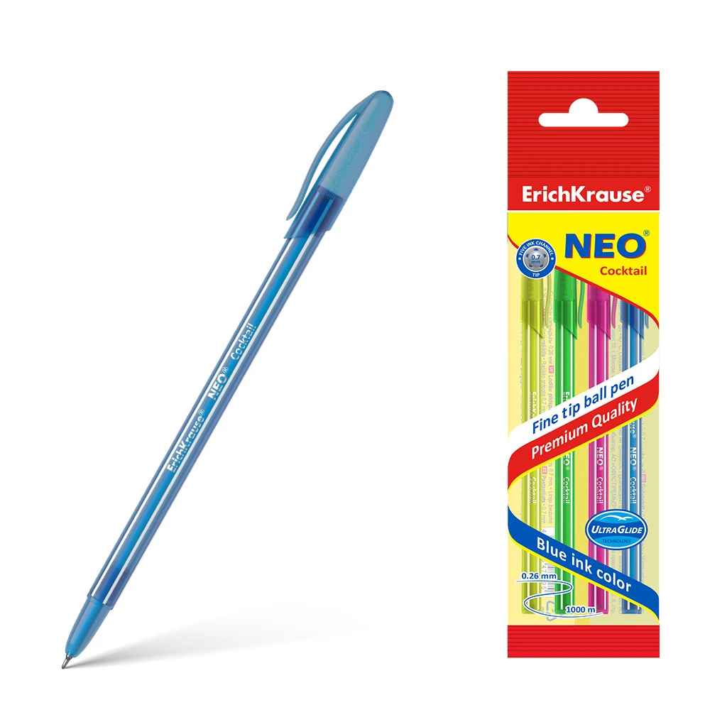 Ручка шариковая ErichKrause® Neo® Cocktail, цвет чернил синий (в пакете по 4