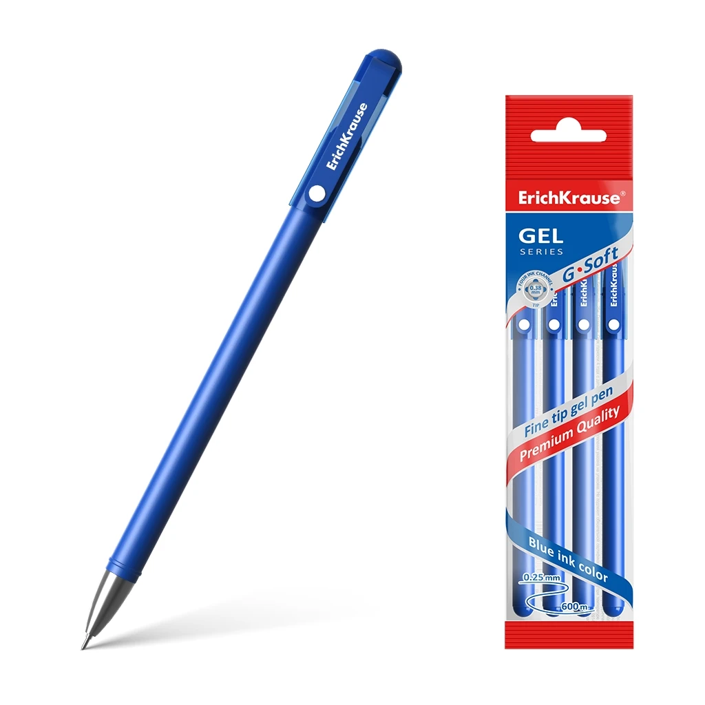Ручка гелевая Erich Krause G-Soft, цвет чернил синий (в пакете по 4 шт.)