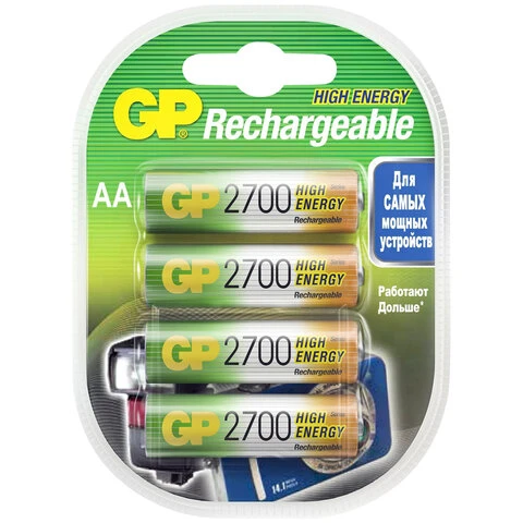 Батарейки аккумуляторные GP, АА, Ni-Mh, 2700 mAh, комплект 4 шт., в блистере