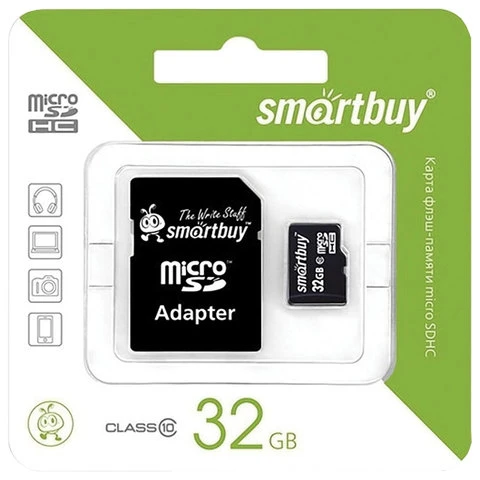 Карта памяти micro SDHC, 32 GB, SMARTBUY, 10 Мб/сек. (class 10), с адаптером,