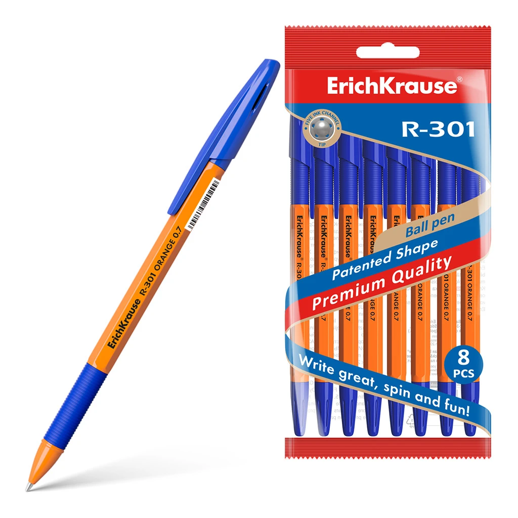 Ручка шариковая Erich Krause® R-301 Orange Stick&Grip 0.7, цвет чернил синий