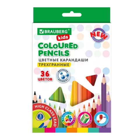 Карандаши цветные BRAUBERG KIDS NEW, 36 цветов, трехгранный корпус, грифель 3