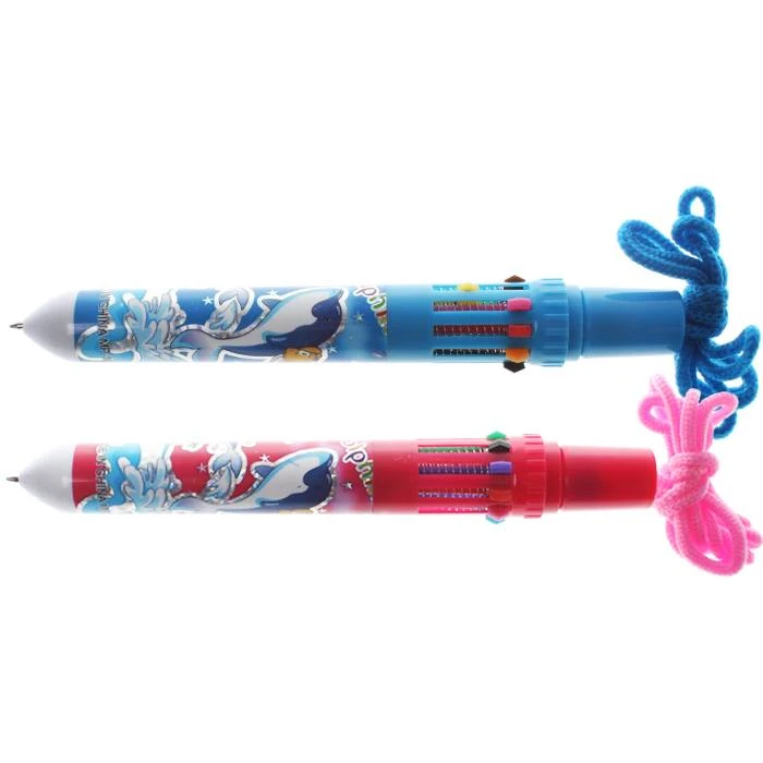 Ручка автоматическая 10-ти цветная корпус ассорти с рисунком дельфины на шнурке