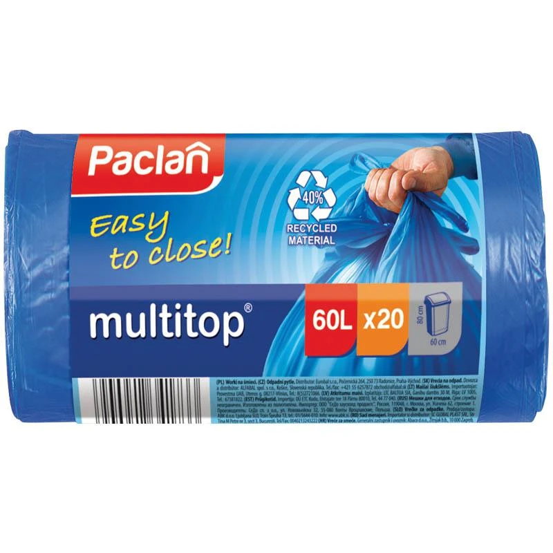 Мешки для мусора PACLAN "MULTITOP" 60л, 7 мкм, 20 шт/рул, синий: