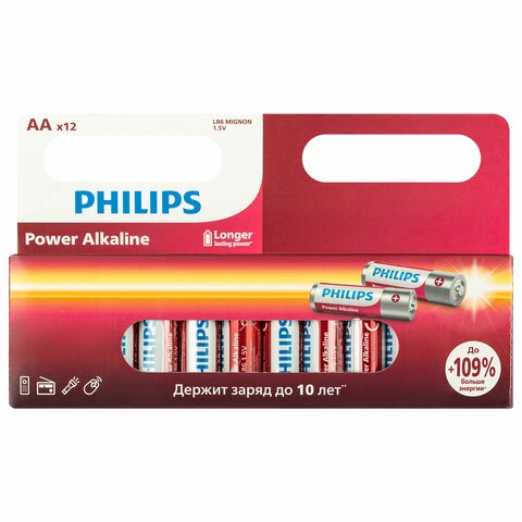 Батарейки алкалиновые "пальчиковые" КОМПЛЕКТ 12 штук, PHILIPS Power