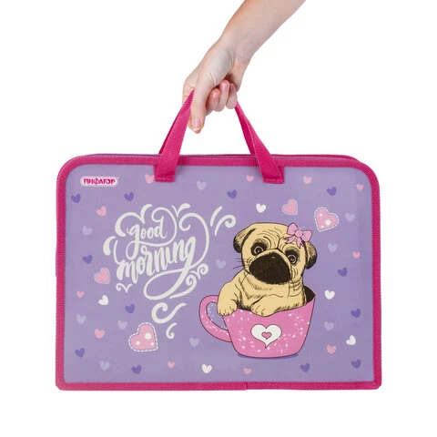 Папка с ручками ПИФАГОР А4, 1 отделение, пластик, молния сверху, 40 мм,