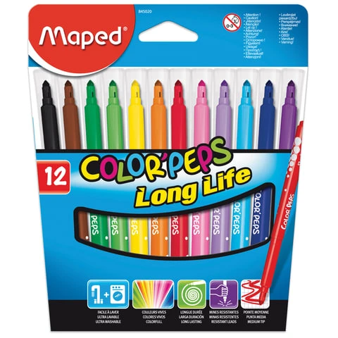 Фломастеры MAPED (Франция) "Color Pep's", 12 цветов, смываемые,
