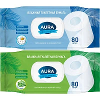 Бумага туалетная влажная AURA ULTRA COMFORT с крышкой, 80 штук