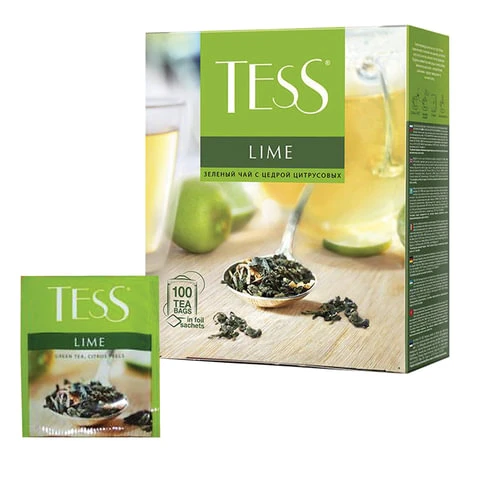 Чай TESS (Тесс) "Lime", зеленый с цедрой цитрусовых, 100 пакетиков по
