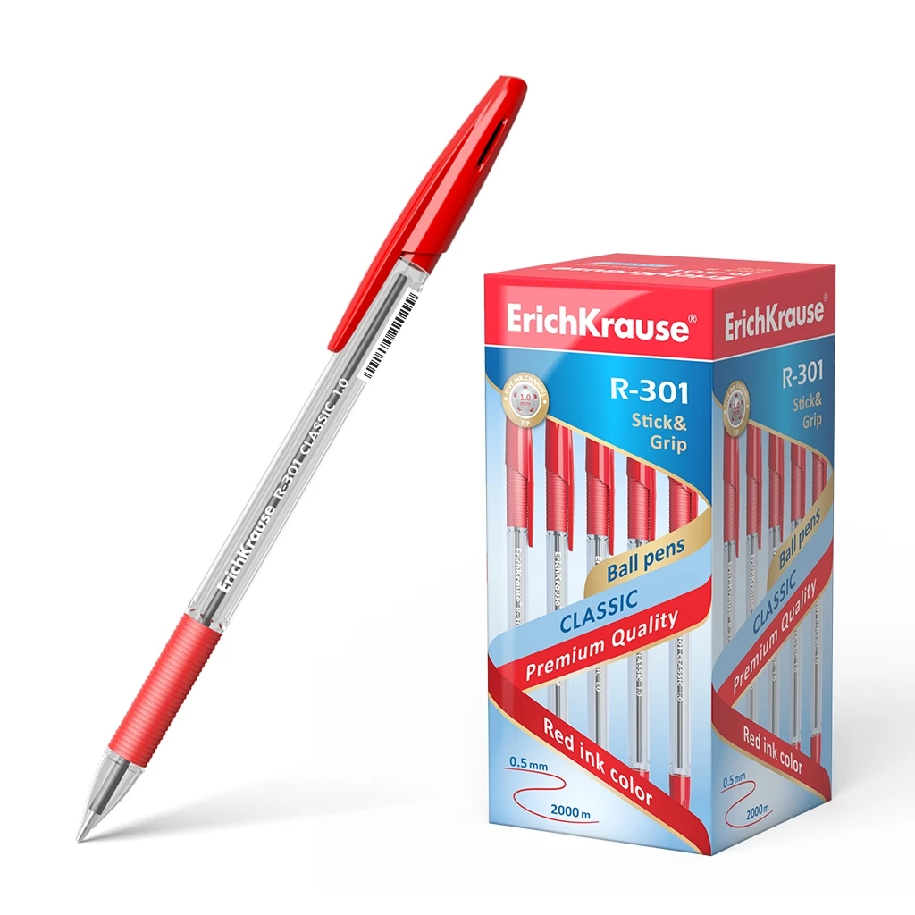 Ручка шариковая ErichKrause® R-301 Classic Stick&Grip 1.0, цвет чернил красный