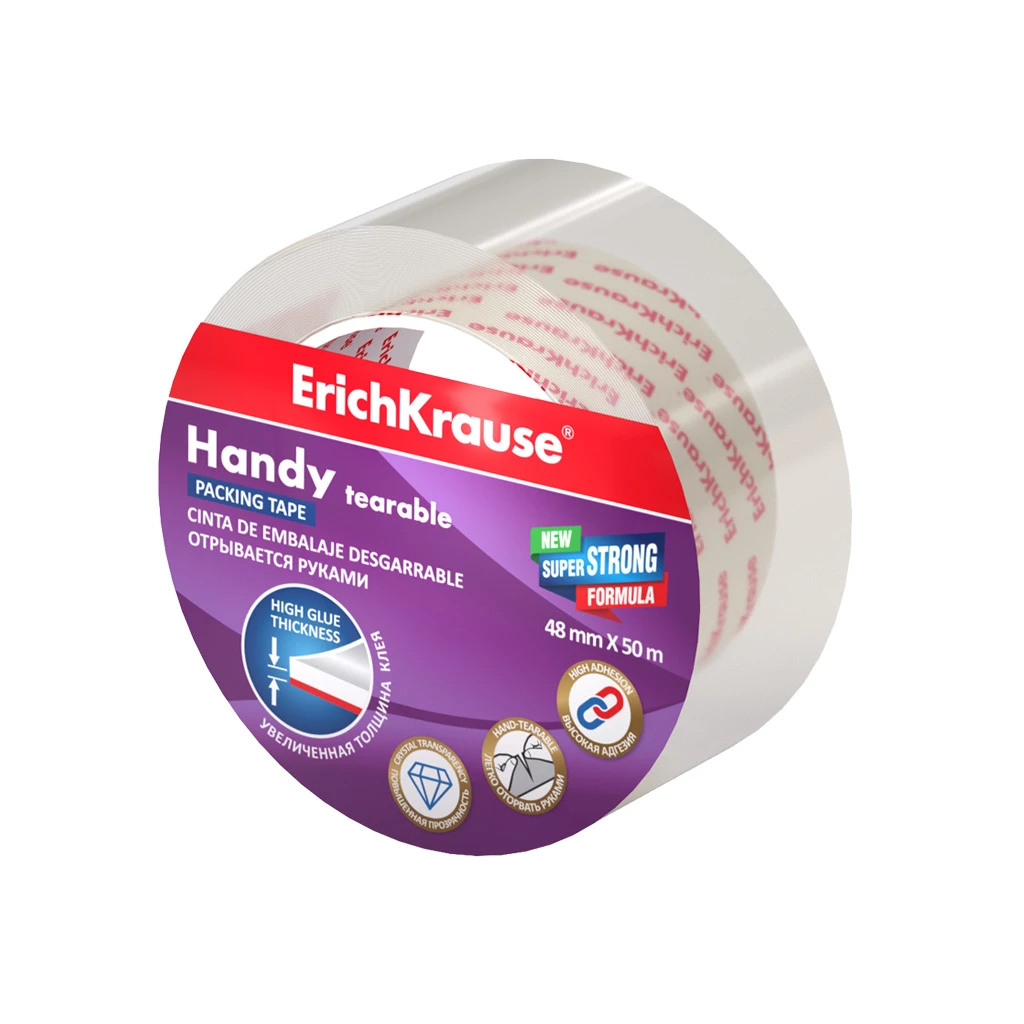 Клейкая лента упаковочная ErichKrause Handy tearable, повышенной прозрачности,