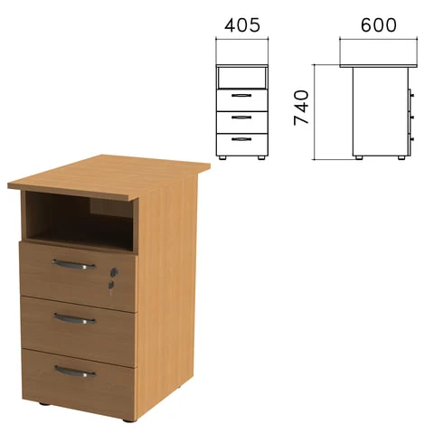Тумба приставная "Эко", 405х600х740 мм, 3 ящика, полка, замок, бук