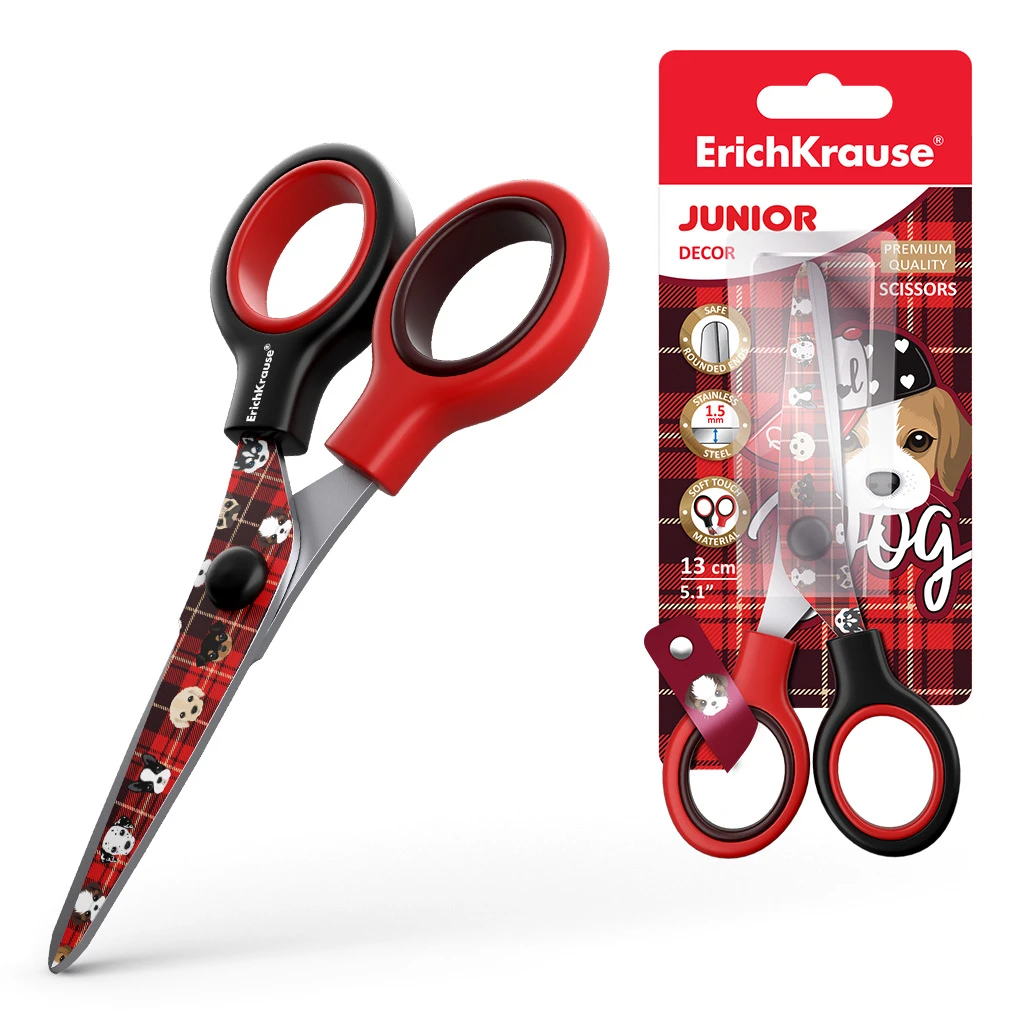 Ножницы ErichKrause® Junior Decor Cute Dog с принтом на лезвиях, 13см (в