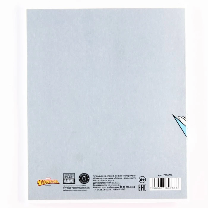 Тетрадь предметная 48 листов, линейка, "Литература", Человек-паук