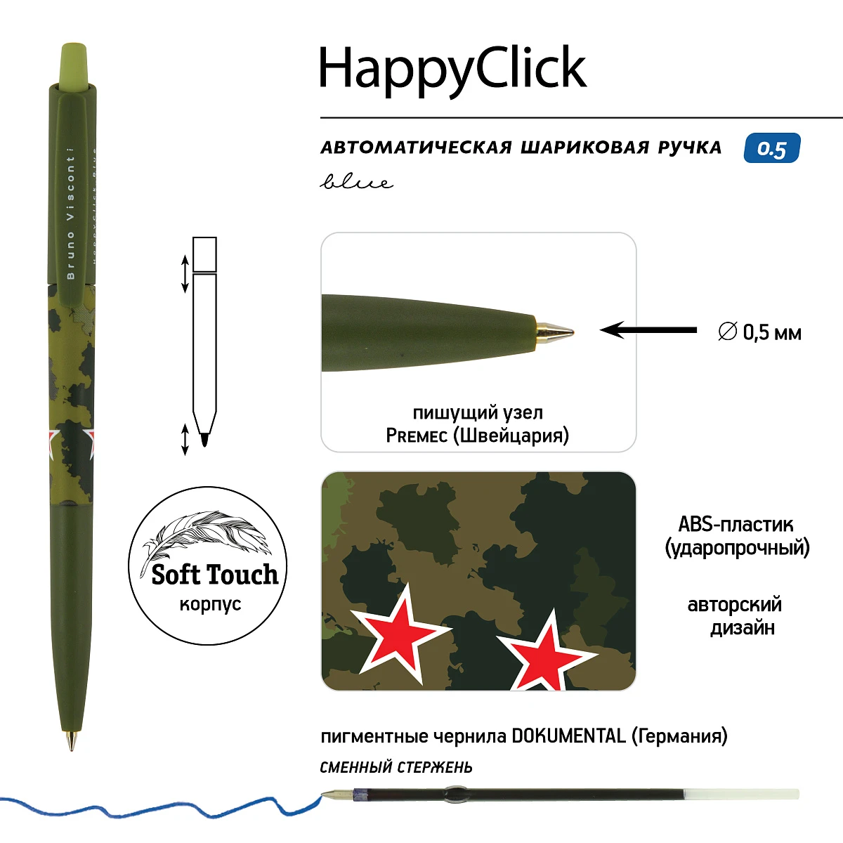 НАБОР ИЗ 2-Х РУЧЕК "HappyClick. Милитари" ШАРИКОВАЯ, 0.5 ММ, СИНЯЯ