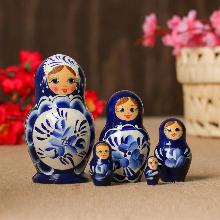 Матрёшка «Поднос гжель», синее платье, 5 кукольная, 10 см Матрёшка «Поднос гжель», синее платье, 5 кукольная, 10 см