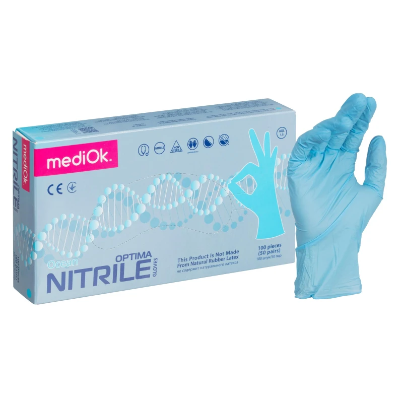 Перчатки нитрил., NITRILE OPTIMA, голубые, 3гр. (M), 50 пар/уп