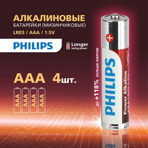 Батарейки алкалиновые "мизинчиковые" КОМПЛЕКТ 4 штуки, PHILIPS Power